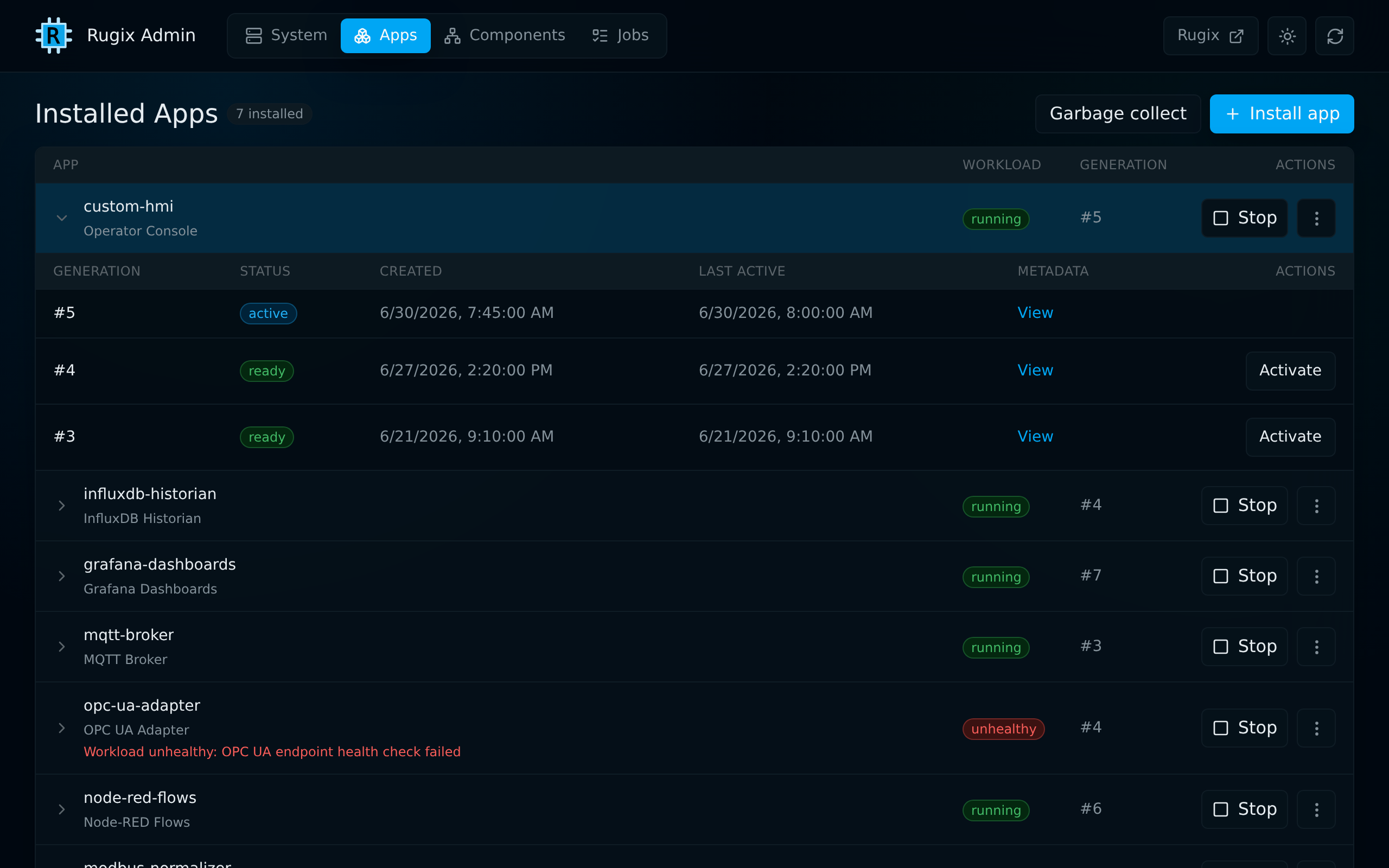 Rugix Admin Apps view showing installed applications and application generations