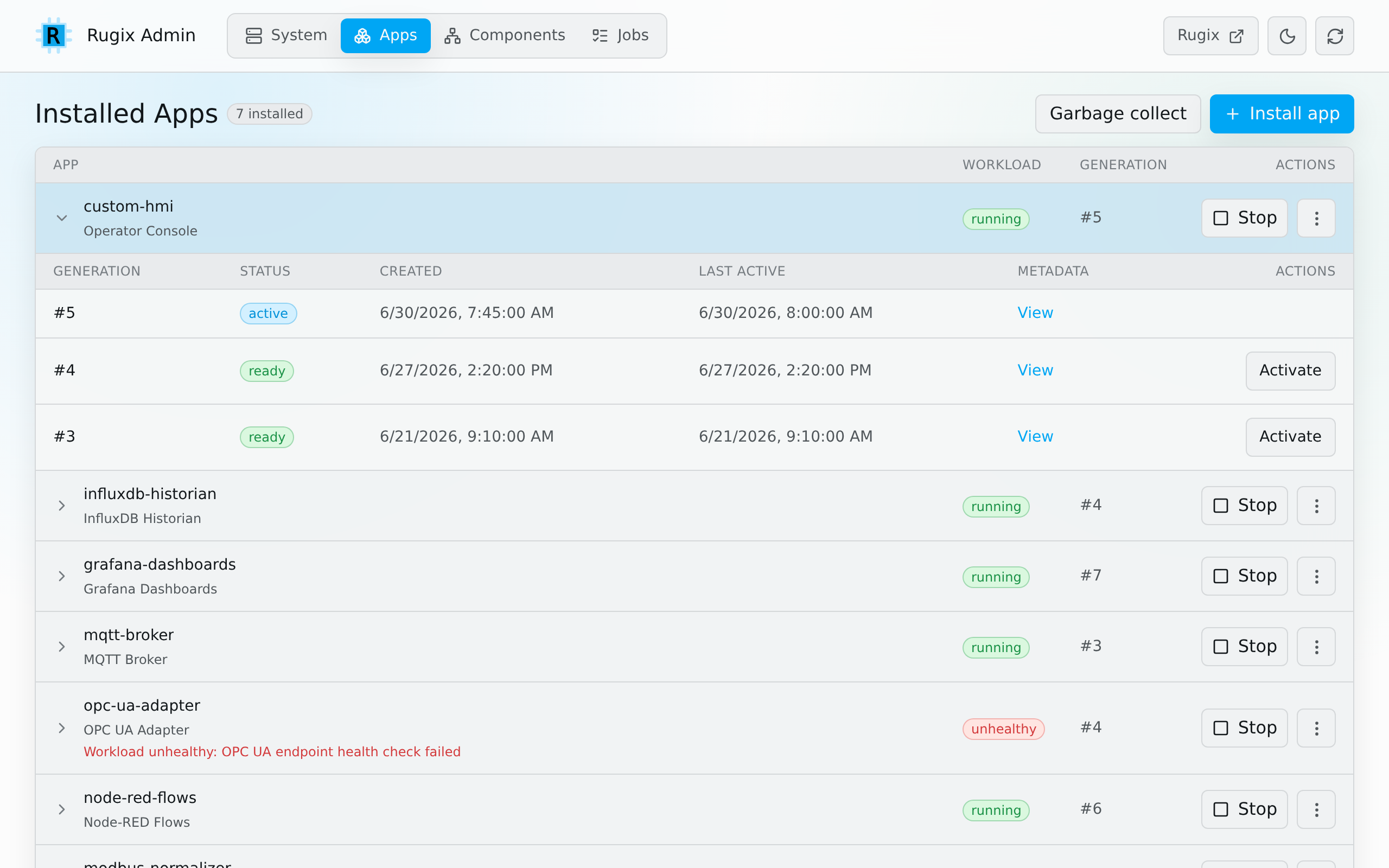 Rugix Admin Apps view showing installed applications and application generations