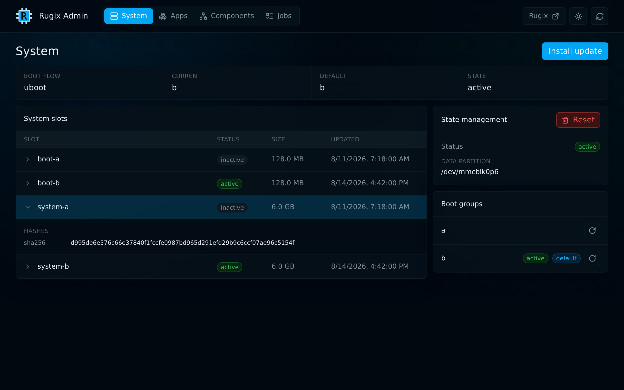 Rugix Admin System view showing a committed system with U-Boot, A/B boot and system slots, state management, and boot groups