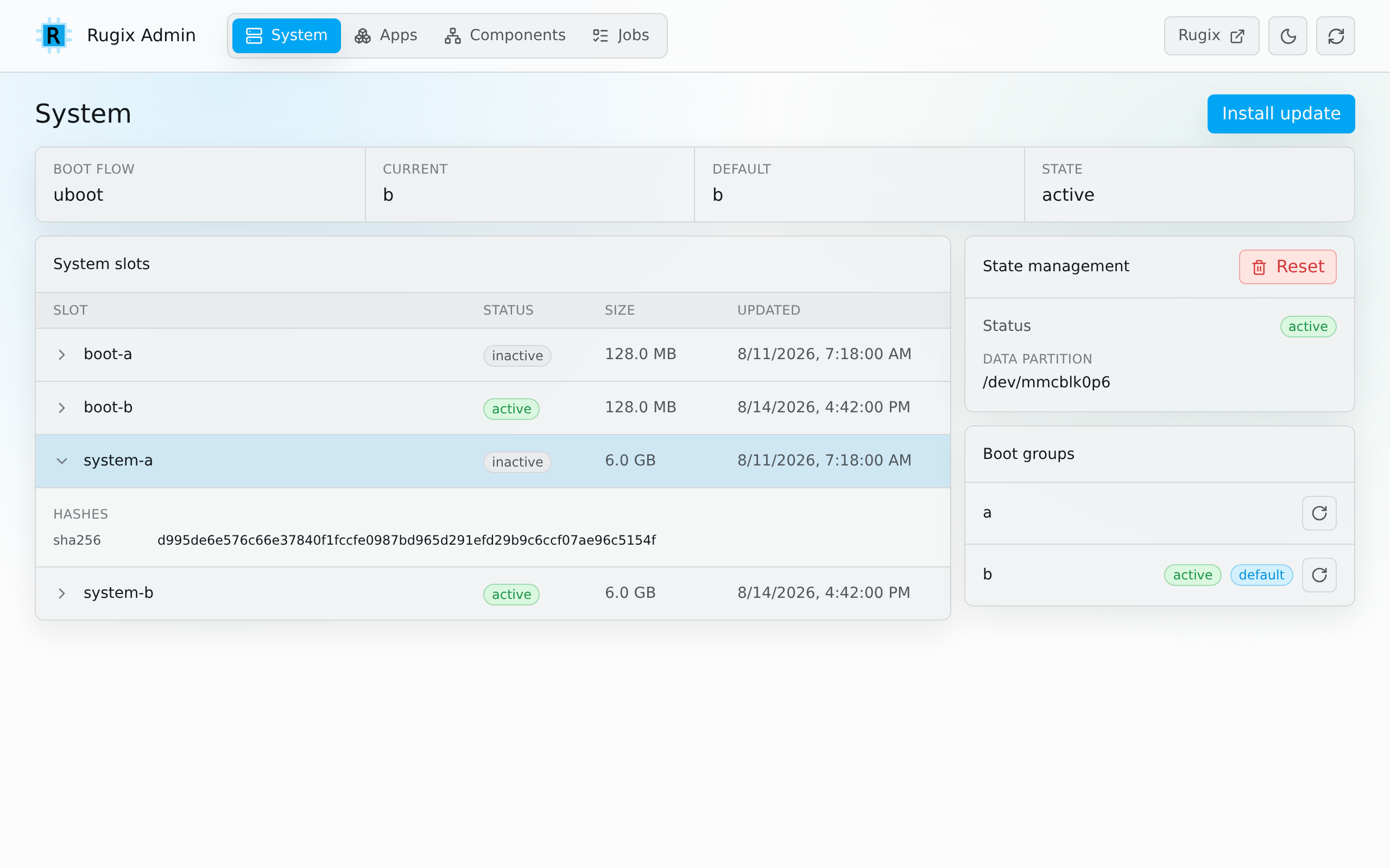 Rugix Admin System view showing a committed system with U-Boot, A/B boot and system slots, state management, and boot groups